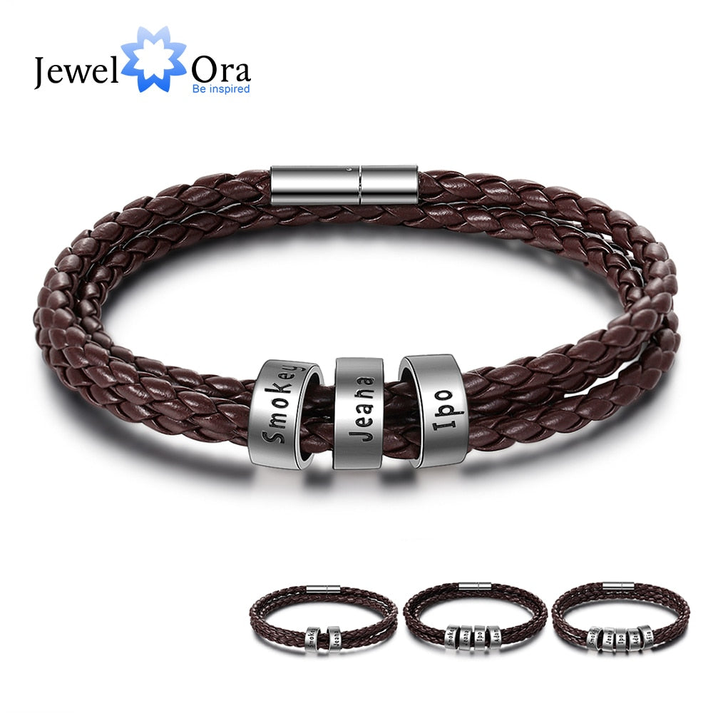 Customized 2-5 Names Beads Bracelets for Men Personalized Brown Braided Rope Leather Bracelet Male Jewelry Gift for Grandfather - Executive-Skincare