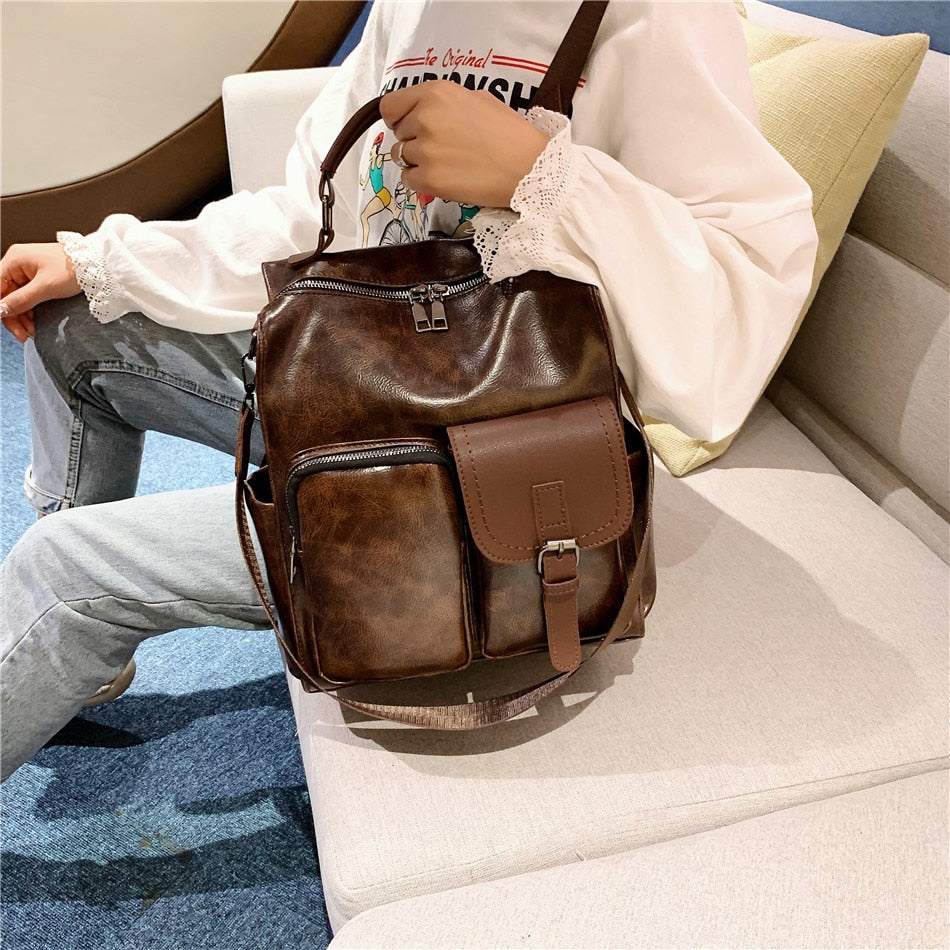 2020 Women PU Leather School Bags Vintage Backpack Women Big Schoolbag Mochila Feminina Brown Black Backpacks Sac A Dos Bagpack - Executive-Skincare