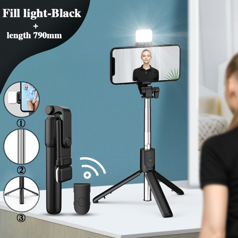 Selfie Stick Wireless Bluetooth Compatible Foldable Mini Tripod For Phone With Fill Light Shutter Remote Control For IOS Android - Executive-Skincare