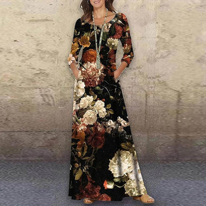 Vintage Women Floral Print Party Dresses Spring Summner New Fashion O-neck Long Sleeve Maxi Dress Elegant Ladies Pocket Vestidos - Executive-Skincare