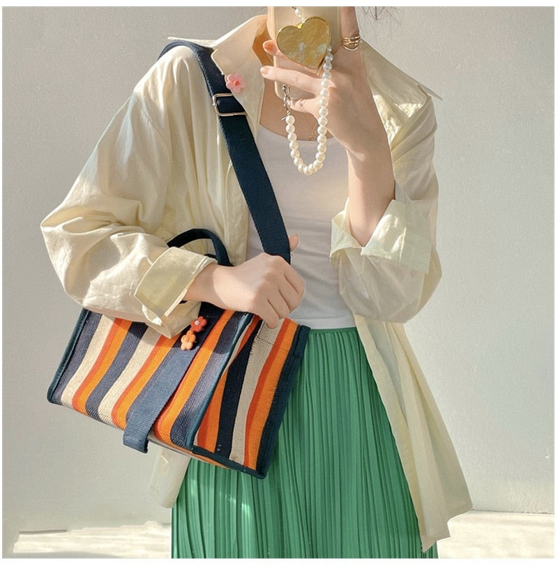 Rainbow Striped Shoulder Bag Canvas Small Tote Women Square Shape Shoulder Messenger Bags Casual Handbag Travel Mommy Handbags - Executive-Skincare