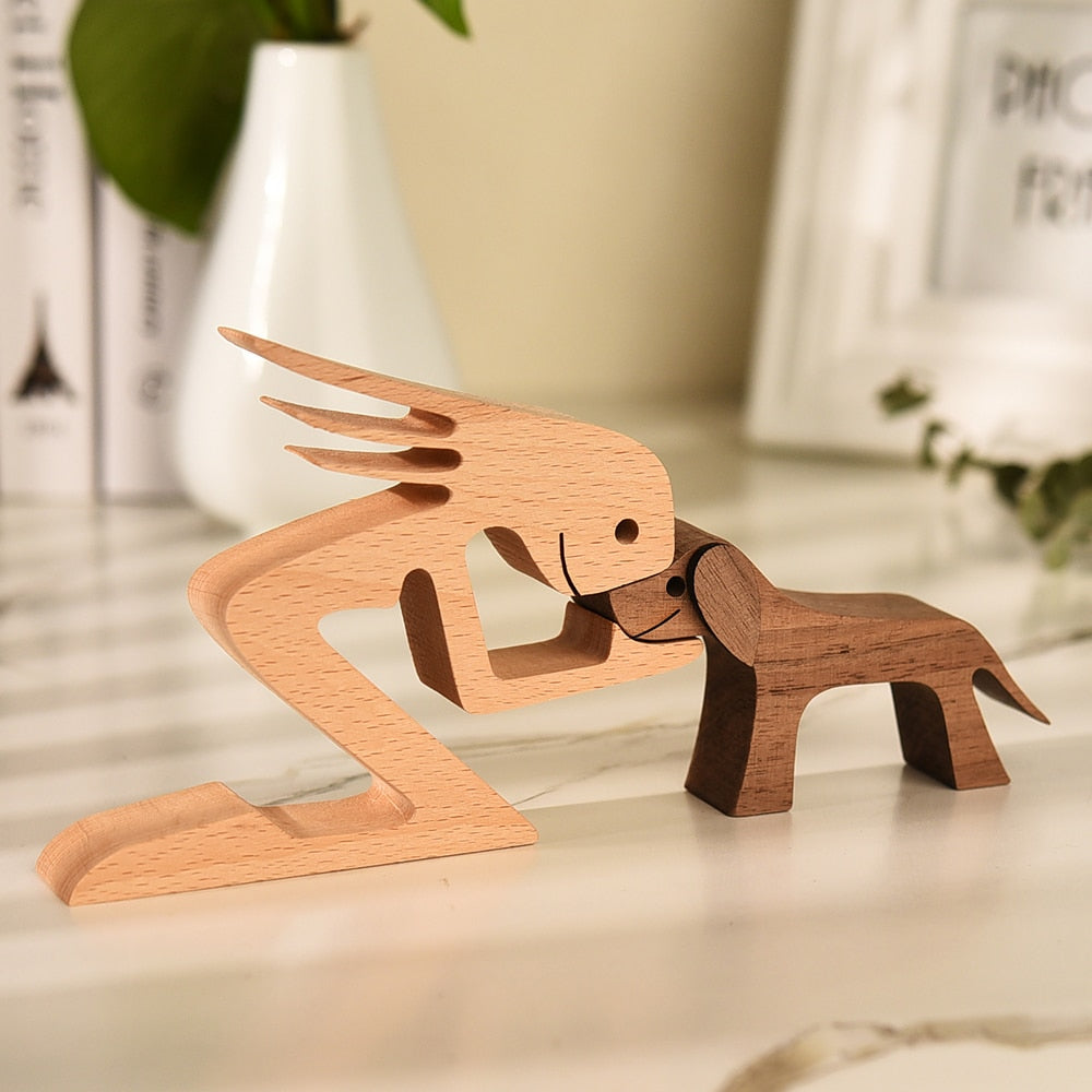 Family Puppy Wood Dog Craft Figurine Desktop Table Ornament Carving Model Home Office Decoration Pet Sculpture Christmas Gift - Executive-Skincare