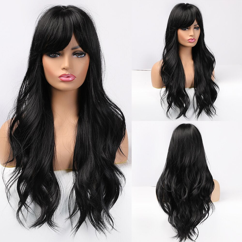 GEMMA Long Wavy Wigs with Bangs Black Brown Ombre Synthetic Heat Resistant Wigs For Women Girls Cosplay Party Daily False Hair - Executive-Skincare