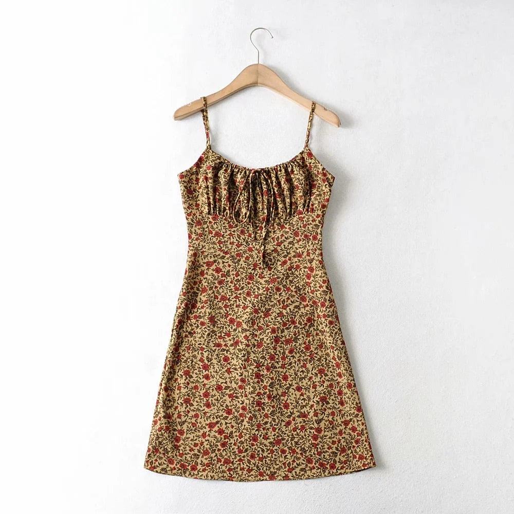 Foridol Strap Sleeveless Print Boho Summer Dress Long Women Green Floral Yellow Dresses Sundress Vintage French Style Dress - Executive-Skincare