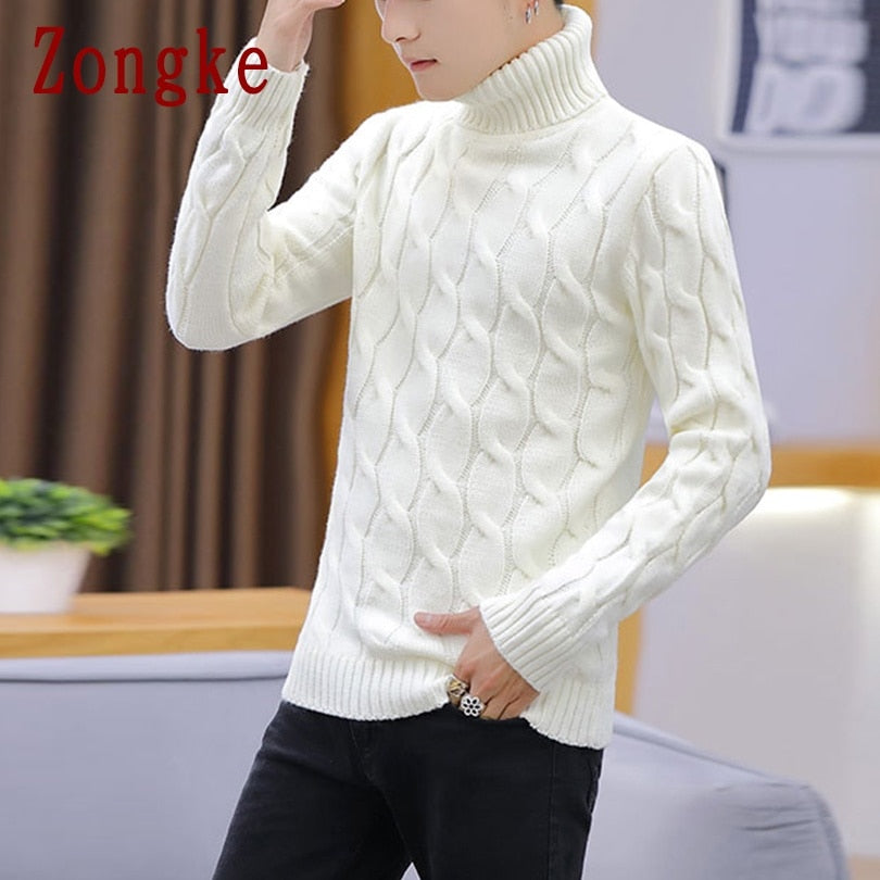 Zongke White Turtleneck Men Clothes Winter Sweater Men Coats Solid Striped Pullover Mens Turtleneck M-2XL 2022 Autumn New - Executive-Skincare