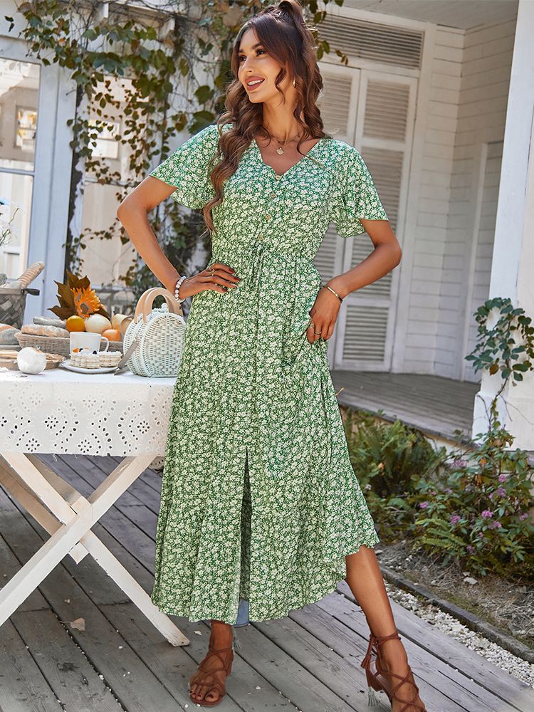 Ladies Vintage Long Floral Print Summer Dress Women Loose Casual Button Bohemian Beach Dress Women Sundress Robe Vestidos Female - Executive-Skincare