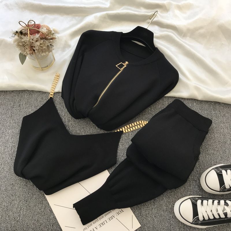 Women Zipper Knitted Cardigans Sweaters + Pants Sets + Vest Woman Fashion Jumpers Trousers 2 PCS Costumes Outfit - Executive-Skincare