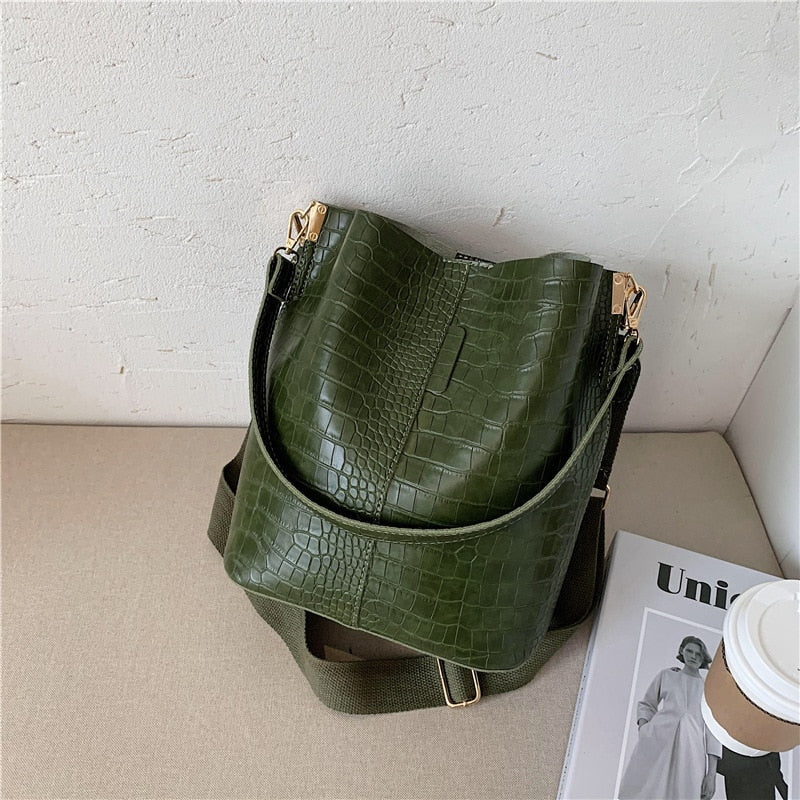 Vintage Crocodile Pattern Crossbody Bags For Women 2022 PU Leather Trend Designer Shoulder Handbags Large Capacity Bucket Bag - Executive-Skincare