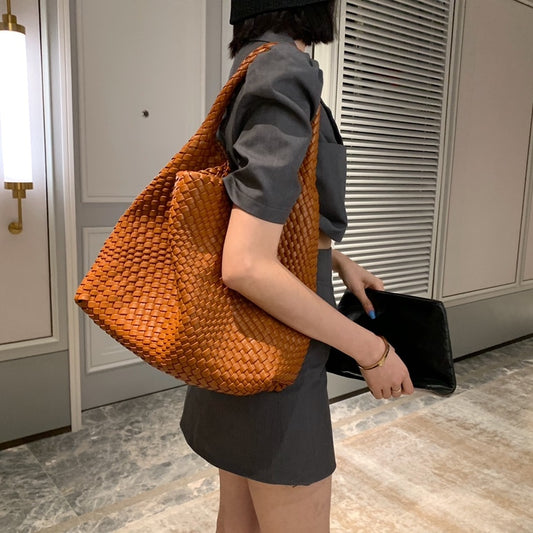 Leather Hobo Bag Handmade Woven Casual Female Handbag Large Capacity Totes Patchwork  Women Shoulder Bags - Executive-Skincare