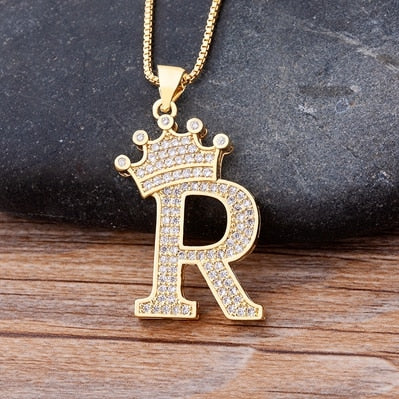 Nidin New Luxury Copper Zircon A-Z Crown Alphabet Pendant Chain Necklace Hip-Hop Style Fashion Woman Man Initial Name Jewelry - Executive-Skincare