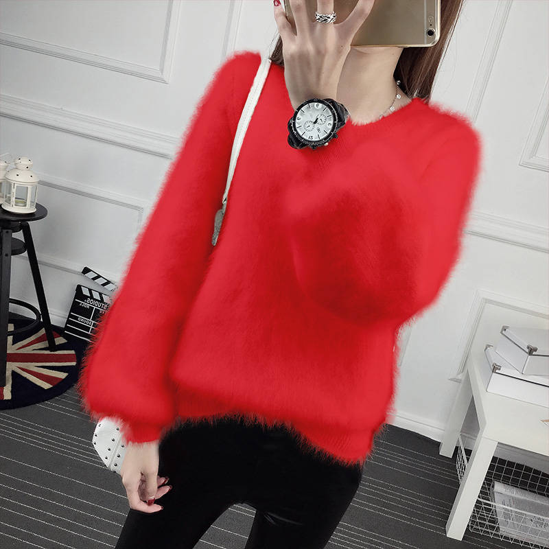 Autumn Winter Lantern Sleeve Faux Mink Cashmere Pullover Knitted Sweater Women Warm Plush Women Sweater Thicken Pullovers C5718 - Executive-Skincare