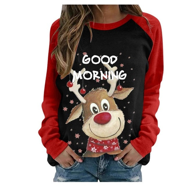 Funny Cute Elk Printing Long Sleeve Christmas Women T Shirt Harajuku S-2xl Cotton Woman Tshirts Graphic Aesthetic Shirt Female - Executive-Skincare