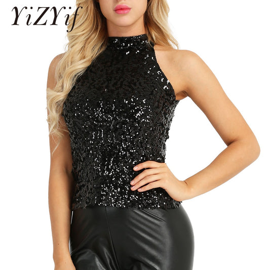 Sequins Women Vest Tops Fashion Shimmer Flashy Embellished Halter Neck Sleeveless Tank Tops for Night Clubwear Stage Performance - Executive-Skincare