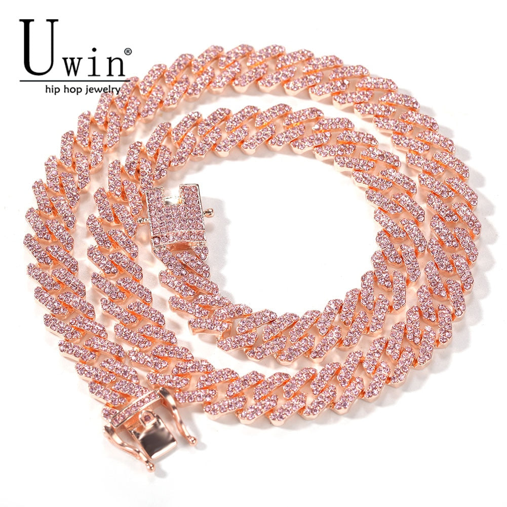 Uwin S-Link Miami RoseGold Color 12mm Cuban Link Pink Rhinestone Necklace Chain Full Bling Punk Bling Bling Charm Hiphop Jewelry - Executive-Skincare