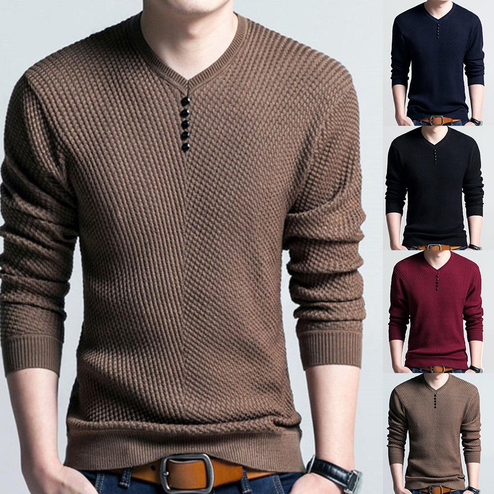 Chic Autumn Winter Sweaters Men Solid Color V Neck Long Sleeve 2021 Pullover Knitted Pull Sweater Mens Sweaters  Male Knitwear - Executive-Skincare