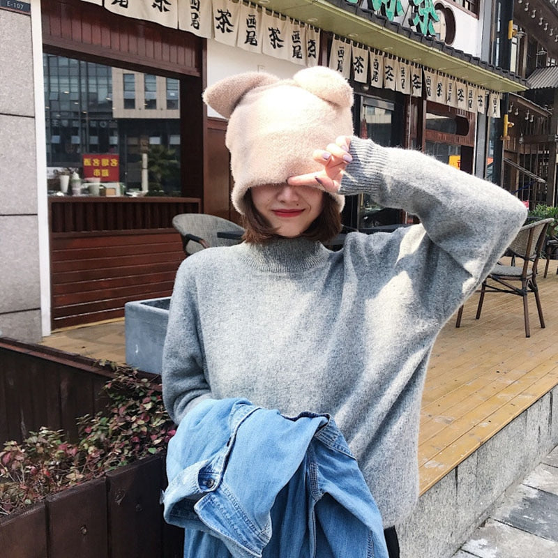 Draping rabbit ears rabbit fur hat women autumn and winter knitted wool hat winter warm Korean version of Japanese hat - Executive-Skincare