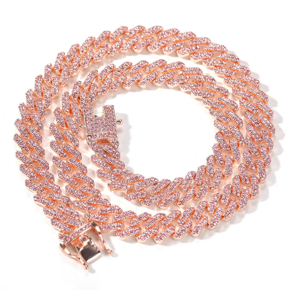 Uwin S-Link Miami RoseGold Color 12mm Cuban Link Pink Rhinestone Necklace Chain Full Bling Punk Bling Bling Charm Hiphop Jewelry - Executive-Skincare