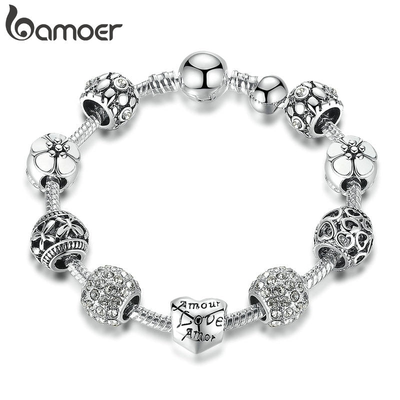 BAMOER Silver Plated Charm Bracelet &amp; Bangle with Love and Flower Beads Women Wedding Jewelry 4 Colors 18CM 20CM 21CM PA1455 - Executive-Skincare