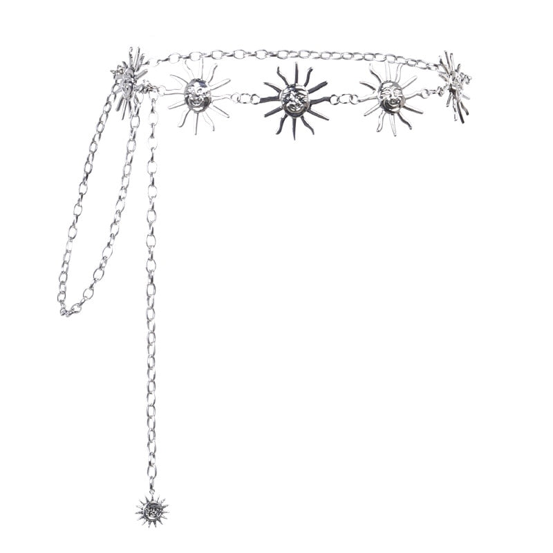 InsGoth Harajuku Punk Moon Metal Belts Women Vintage High Waist Chain Gothic Sun Sliver Pendant Belts Aesthetic Female Partywear - Executive-Skincare