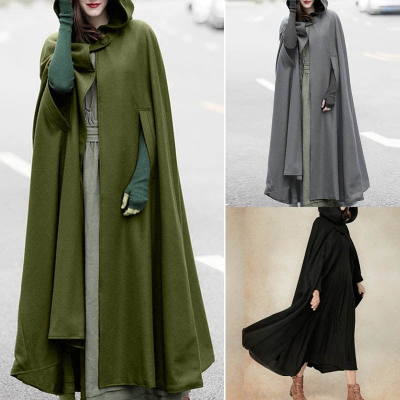 ZANZEA Women Poncho Winter Hooded Open Front Cloak Loose Solid Long Coat Hoodies Cosplay Outwear Christmas Casual Cape - Executive-Skincare