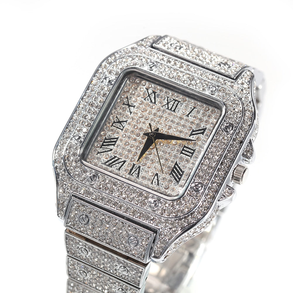 Hip Hop Full Iced Out Full Drill Men Square Watches Stainless Steel Fashion Luxury Rhinestones Quartz Square Business Watch - Executive-Skincare