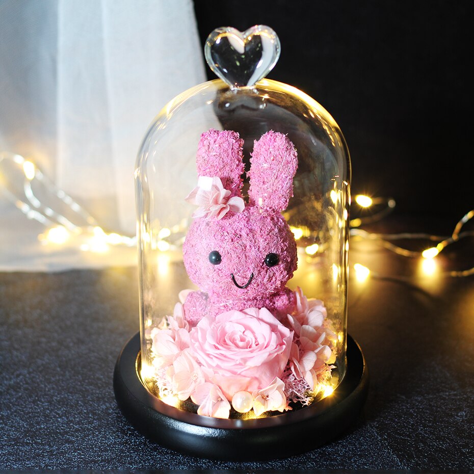 The Beautiful and the Beast Teddy Bear Rose Decor Natural Dried Flowers In Glass Dome LED Mother&#39;s Valentine&#39;s Day Wedding Gift - Executive-Skincare