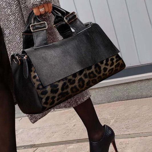 Fashion Genuine Leather Big Tote Handbags Leopard Pattern Soft Cowhide Travel Tote Ladies Long Strap Shoulder Weekend Bags - Executive-Skincare