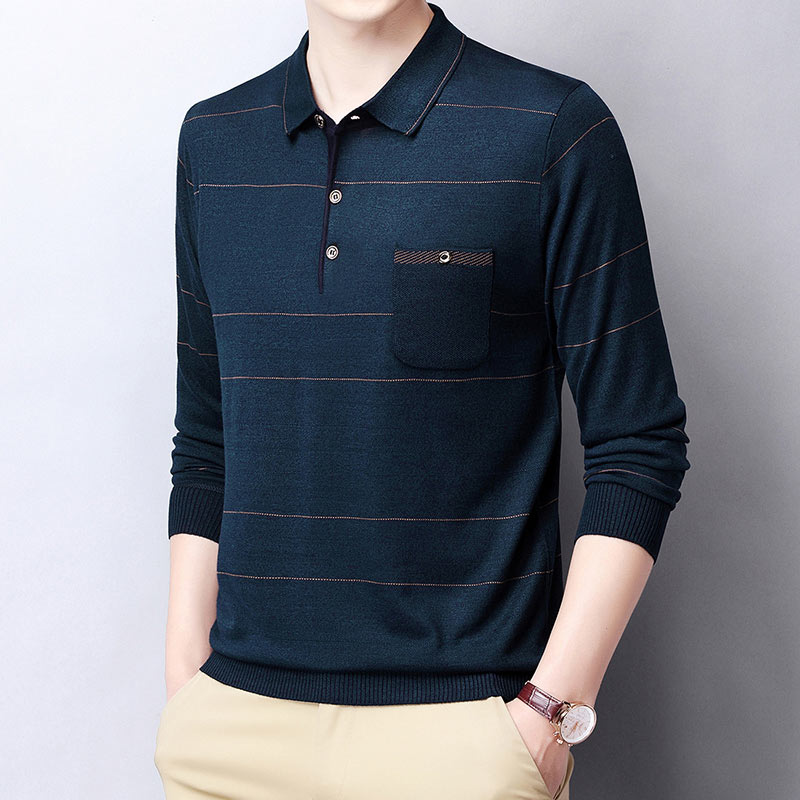 2022 Pocket Long Sleeve Polo Tee Shirt Men Casual Striped Men&#39;s Clothing Polos Shirts Mens Fashion Slim Fit Poloshirt Tops 4600 - Executive-Skincare