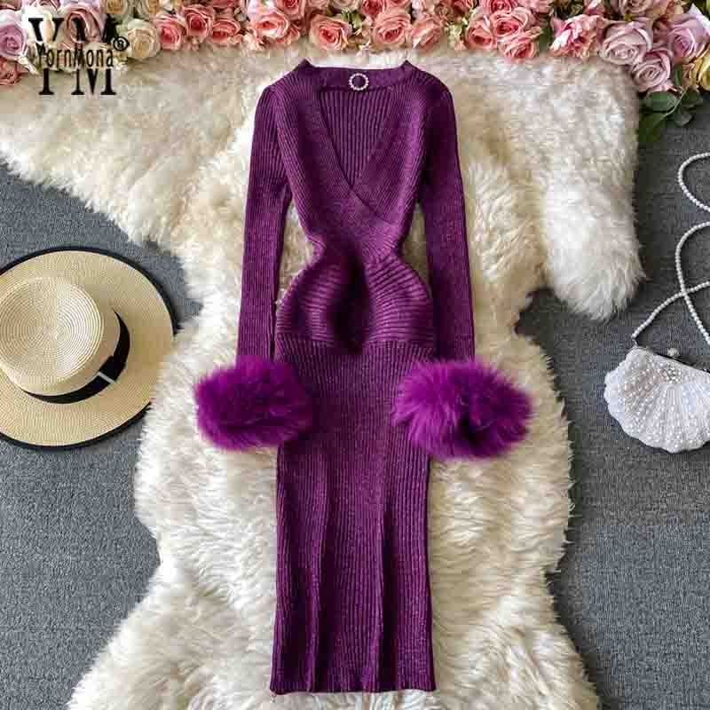 YornMona Autumn Winter Women Shining Knitted Sweater Dress Sexy Hollow Out V-neck Halter Bodycon Dress Red Christmas Party Dress - Executive-Skincare