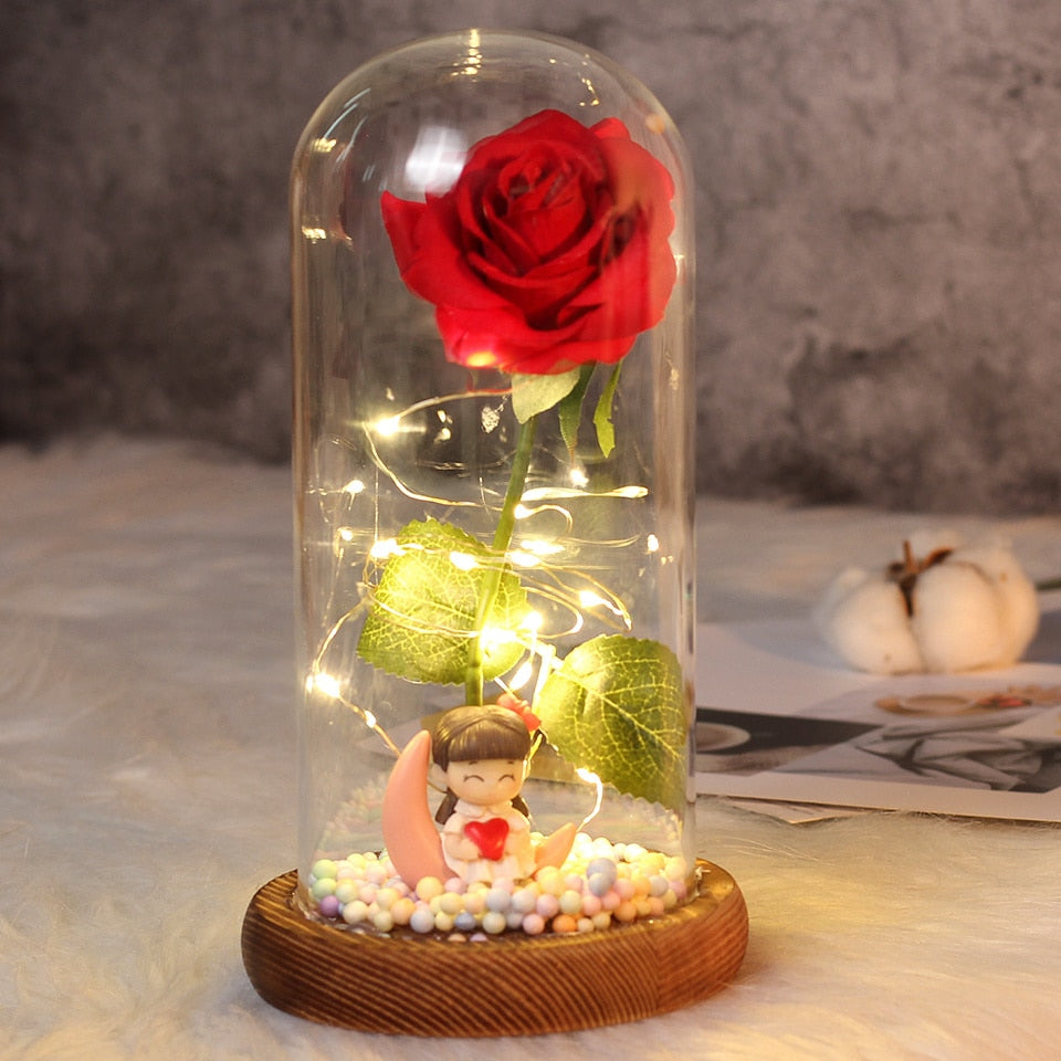 Beauty and Beast Rose Flower with Teddy Rose Bear In Glass Dome Home Wedding Decoration Birthday Valentine&#39;s Day Mother &#39;s Gift - Executive-Skincare