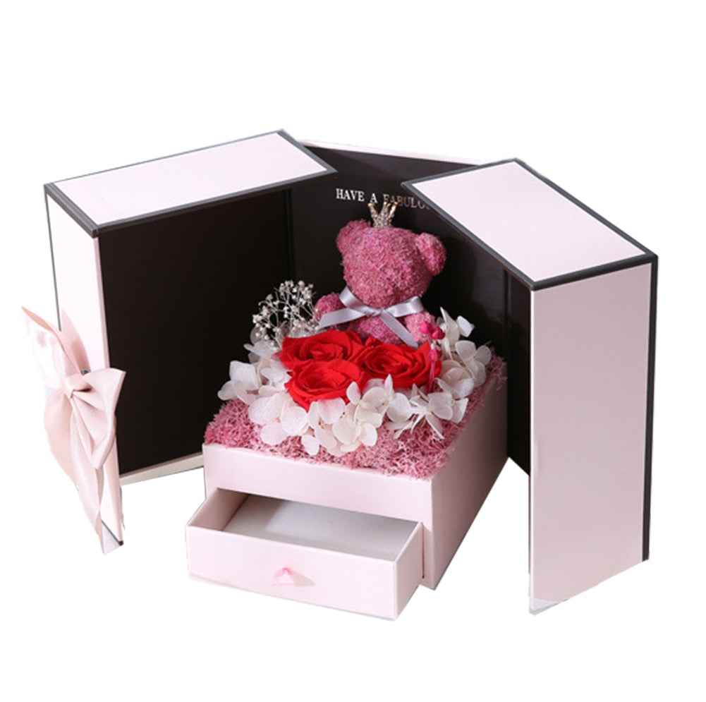 Rose Teddy Bear Double Door Gift Box  Artificial preserved flower Jewelry Necklace Gift Case Wedding  Valentine&#39;s Day Gift - Executive-Skincare