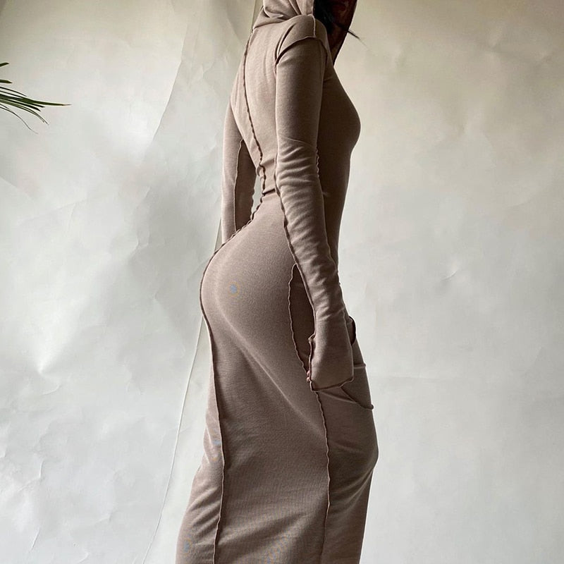 2020 Long Sleeve Hooded Patchwork Skinny Maxi Dress Autumn Winter Women Fashion Streetwear Casual Outfits - Executive-Skincare