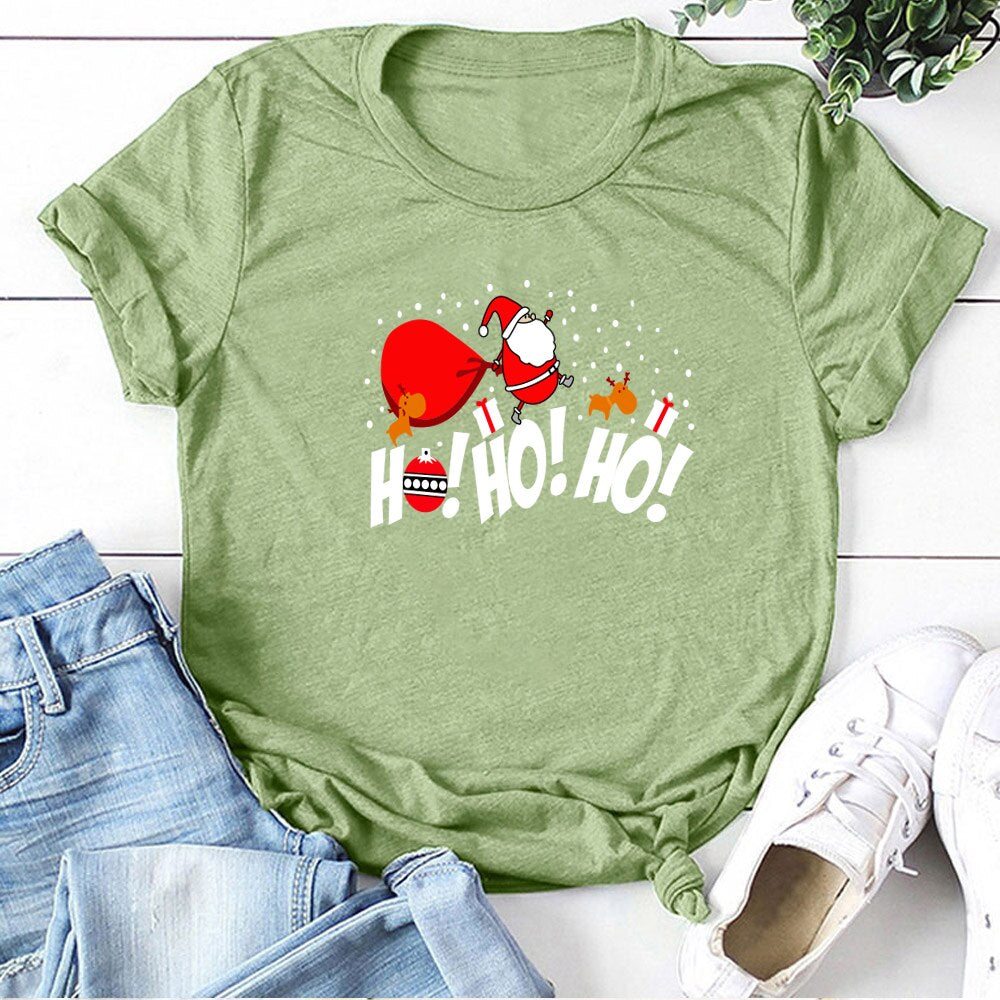 HO HO HO Print Funny Santa T Shirt Women Short-sleeved Tee Shirt Female Merry Christmas New Year Gift To Ladies Tops Clothes - Executive-Skincare