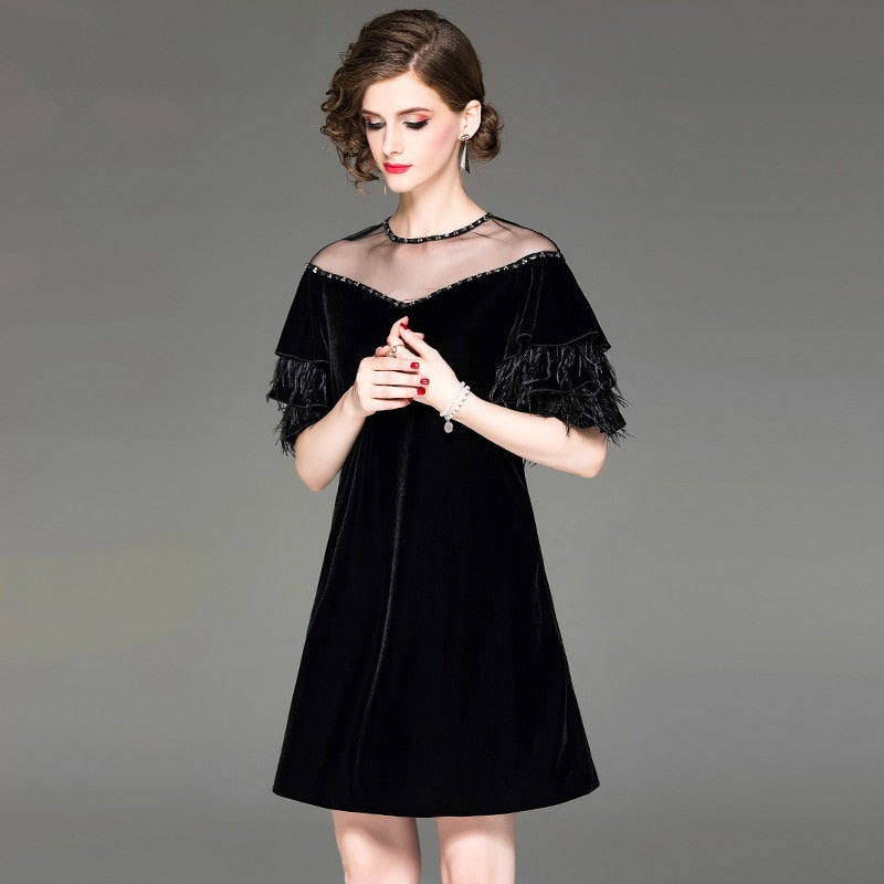 Autumn new women beaded mesh round neck velvet dress ostrich feather lotus leaf sleeve dresses - Executive-Skincare