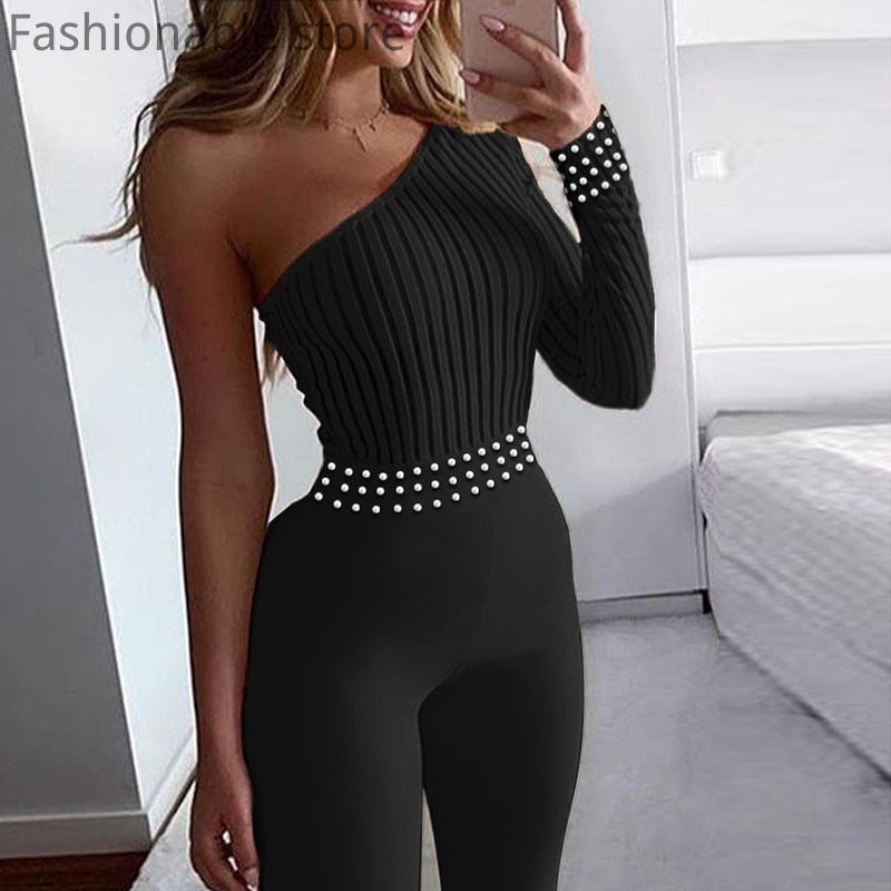 Women Single Shoulder Long Sleeve Beads Design Solid Color Jumpsuit - Executive Quality Store