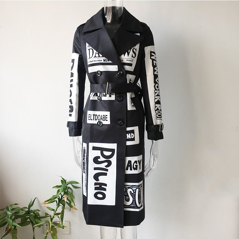 HarleyFashion 2022 Autumn Winter Women Long Coat Letters Printing High Street Stylish Graffiti Casual Quality Windbreaker Trench - Executive-Skincare