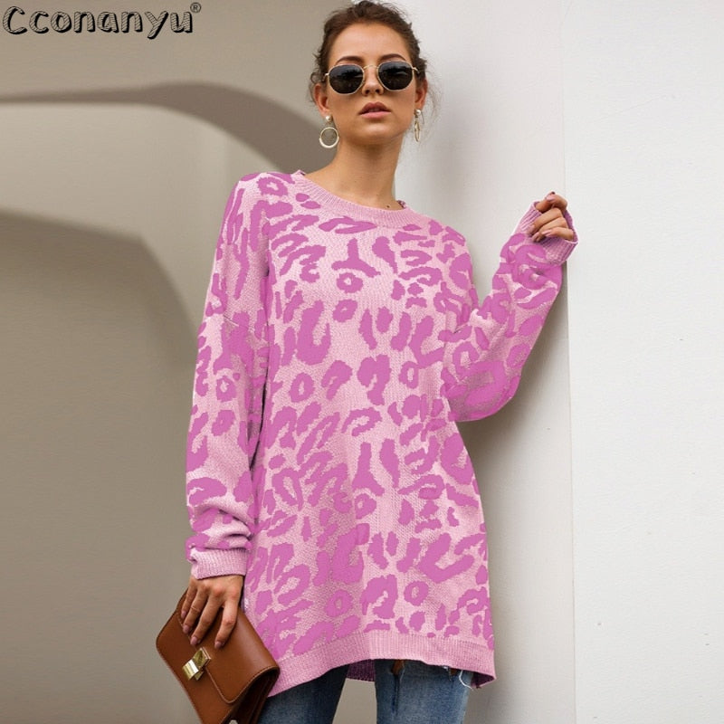 2019 Autumn winter clothing ladies long sweater fashion womens loose pullovers and sweaters leopard print knitted sweater - Executive-Skincare