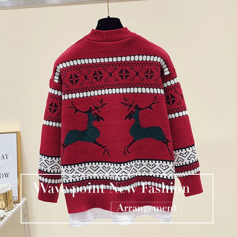 Vintage Jacquard Christmas Sweater Women Pullover Autumn O Neck Long Sleeve Loose Reindeer Print Knitted Jumpers Female Tops - Executive-Skincare