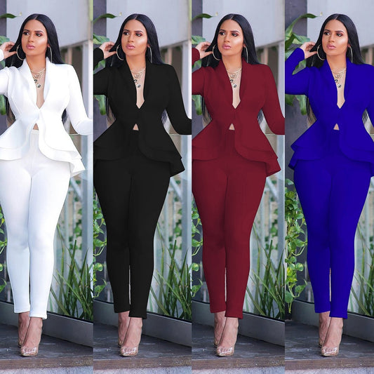 New Women Winter Women&#39;s Set Tracksuit Full Sleeve Ruffles Blazers Pencil Pants Suit Two Piece Set Office Lady Outfits Uniform - Executive-Skincare