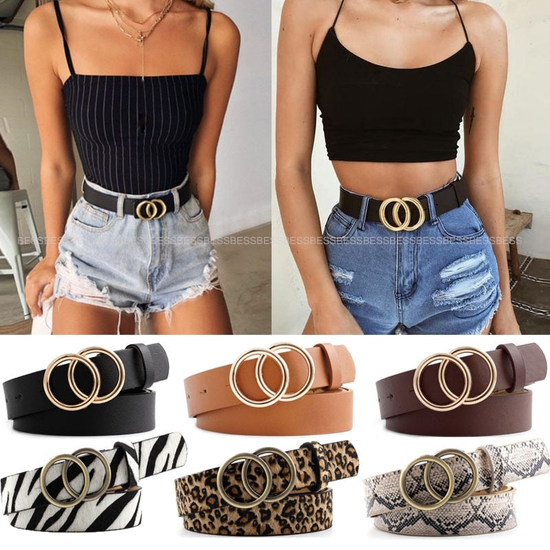 Double Ring Women Belt Fashion Waist Belt PU Leather Metal Buckle Heart Pin Belts For Ladies Leisure Dress Jeans Wild Waistband - Executive-Skincare