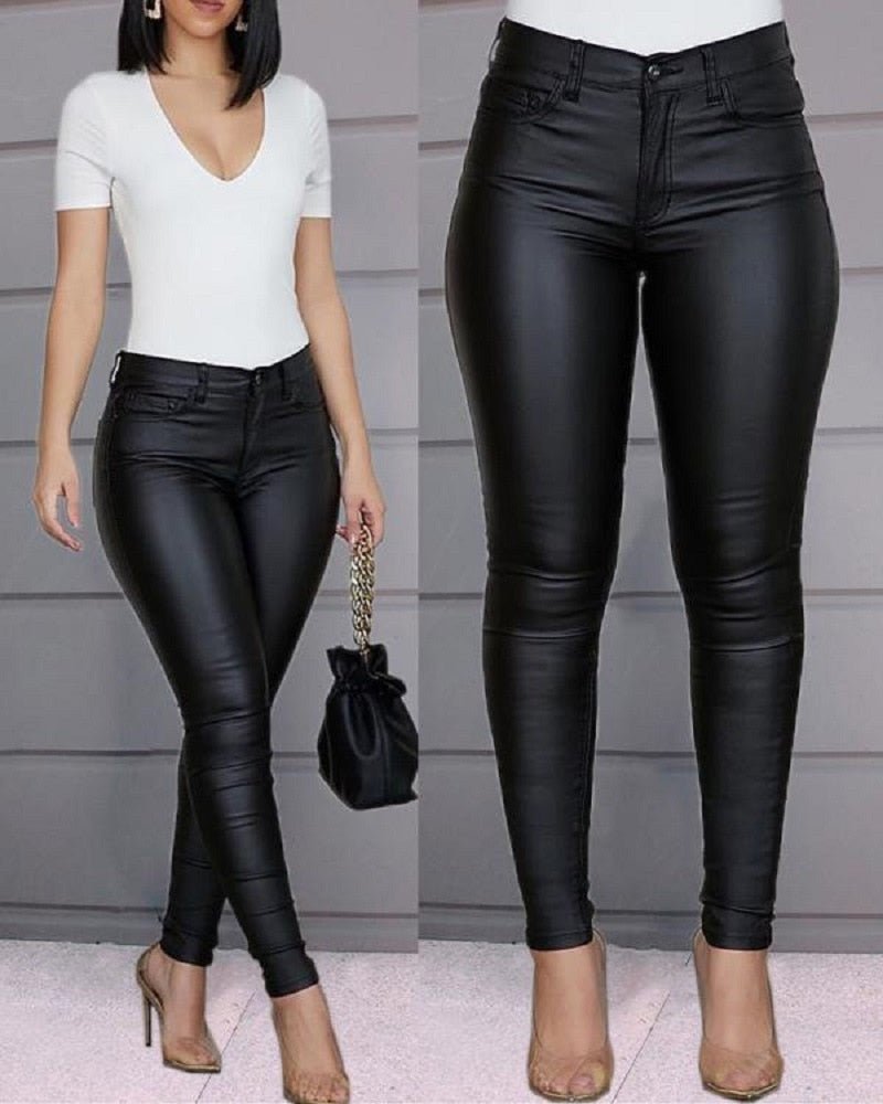 Pure Color Leather Casual Pants Small Feet Pants Spring Women Pu Leather Pants Black Sexy Stretch Bodycon Leather Pants High Red - Executive-Skincare