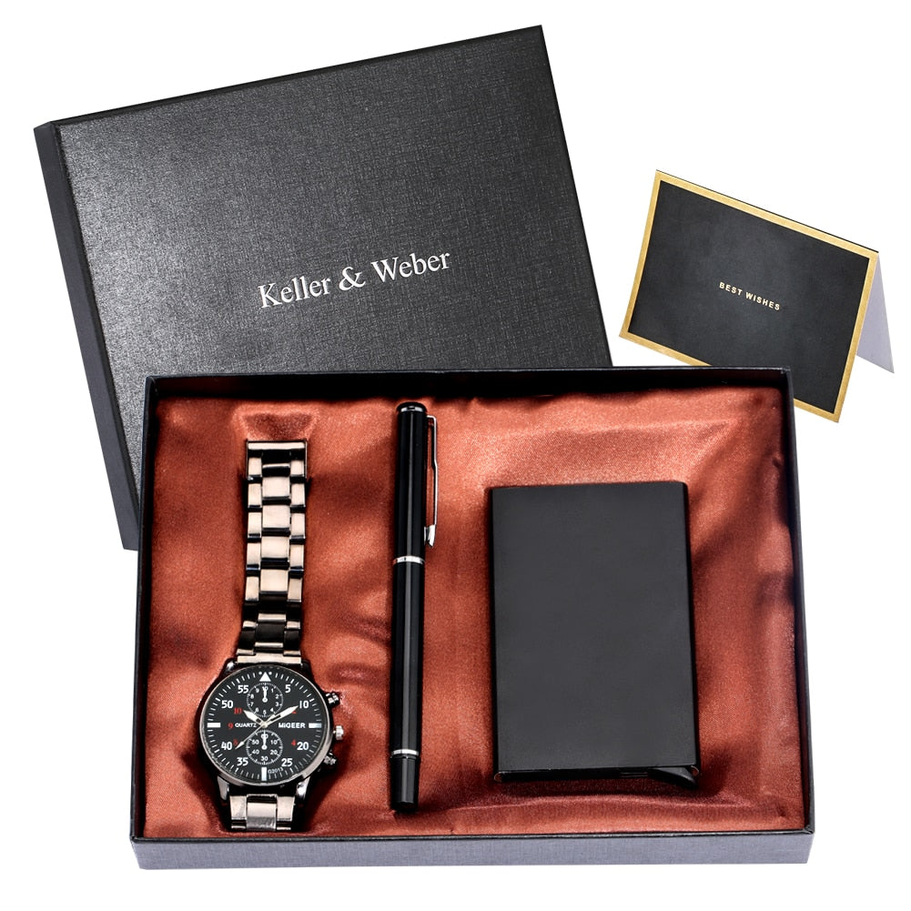 2021 Men&#39;s Gift Sets Top Luxury Quartz Watches High Quality Signature Pen Fashion Male Card Case Gifts for Husband Dad Boyfriend - Executive-Skincare