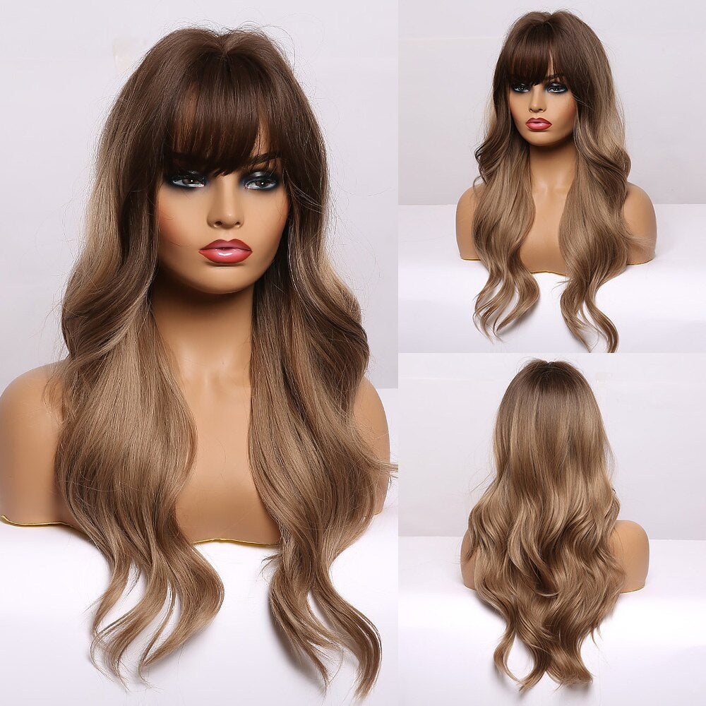 GEMMA Long Wavy Wigs with Bangs Black Brown Ombre Synthetic Heat Resistant Wigs For Women Girls Cosplay Party Daily False Hair - Executive-Skincare