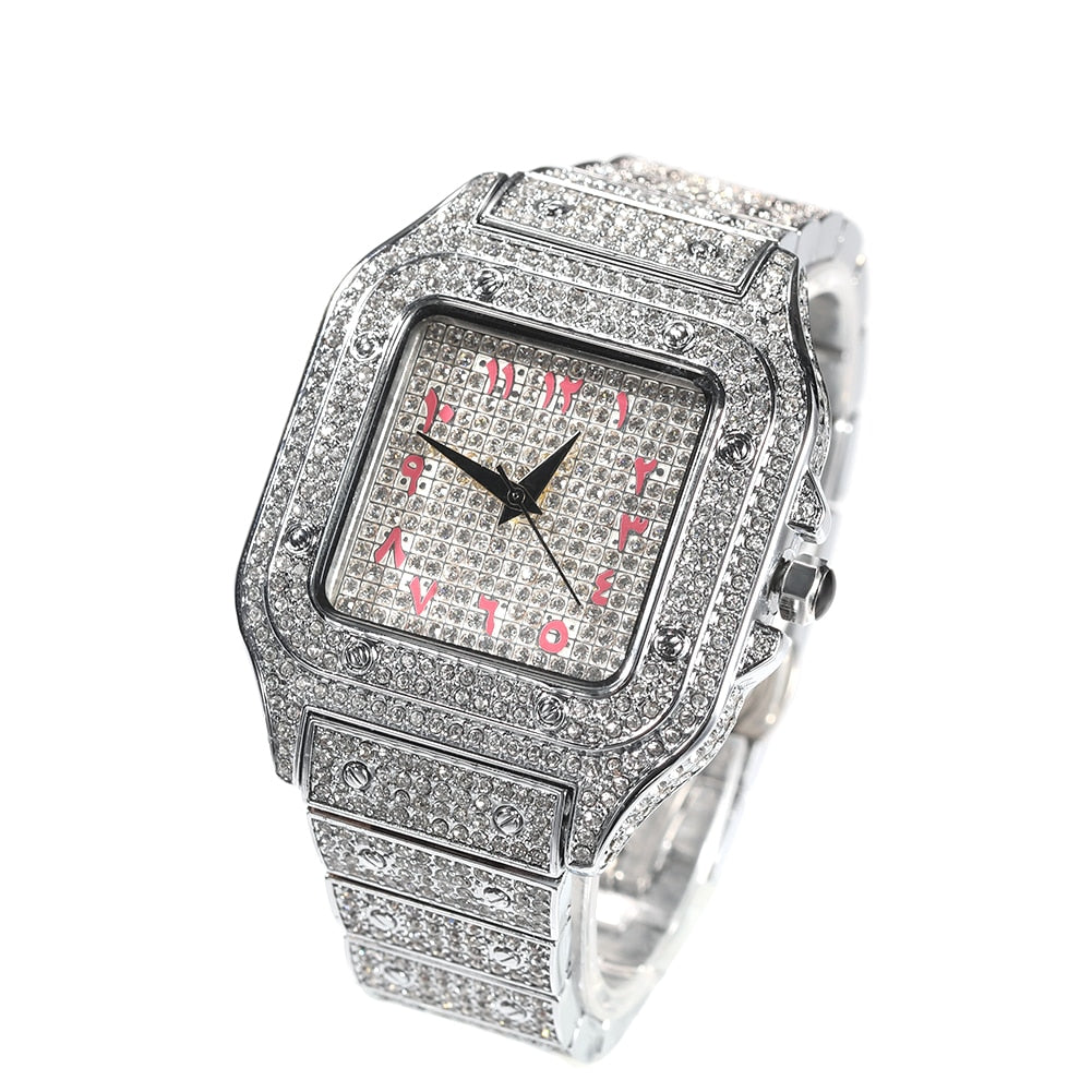 Hip Hop Full Iced Out Full Drill Men Square Watches Stainless Steel Fashion Luxury Rhinestones Quartz Square Business Watch - Executive-Skincare