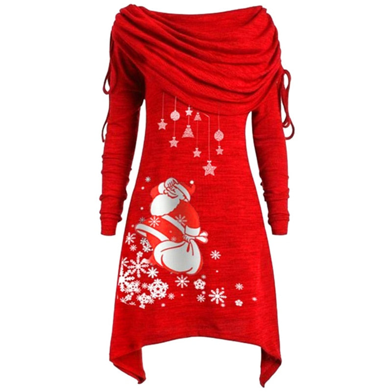 New Arrival Long Sleeve Santa Claus Dress Women Snowflake Print Irregular Dress Top Female Fashion Christmas Dress - Executive-Skincare