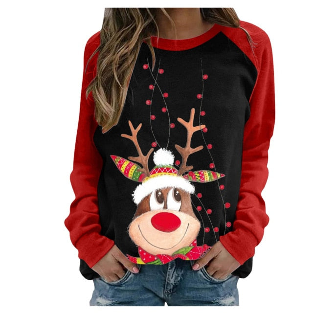 Funny Cute Elk Printing Long Sleeve Christmas Women T Shirt Harajuku S-2xl Cotton Woman Tshirts Graphic Aesthetic Shirt Female - Executive-Skincare