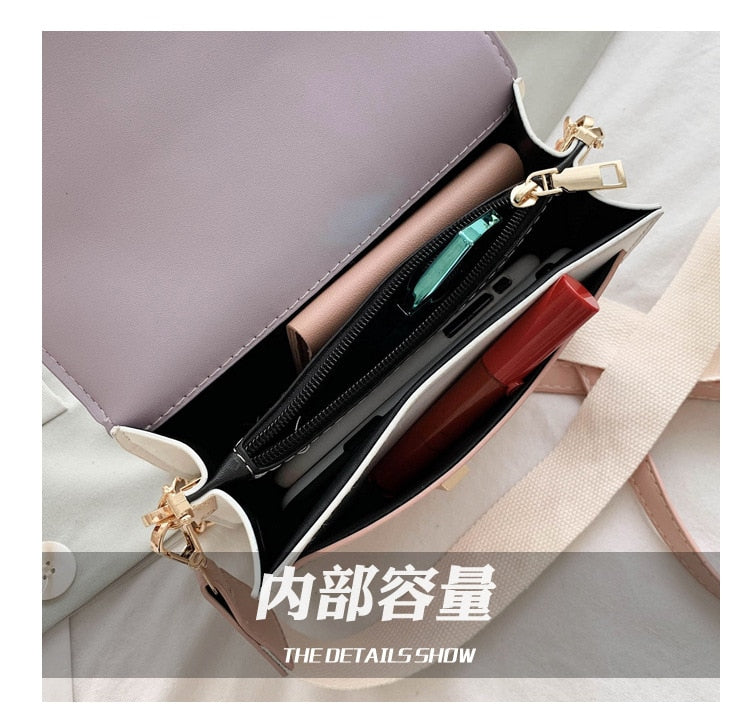 Fashion chain lady Sling bag Panelled color PU Leather Crossbody Bag For Women 2022 new Wide strap Shoulder Messenger Bag Ladies - Executive-Skincare