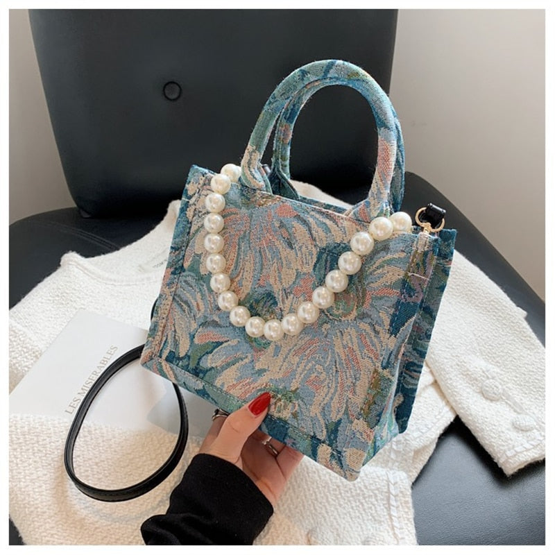 Unusual Design Denim Handbags for Women 2021Autumn New Luxury Woman Canvas Tote Bag Pearl Bead Decorated Diagonal Crossbag Femme - Executive-Skincare