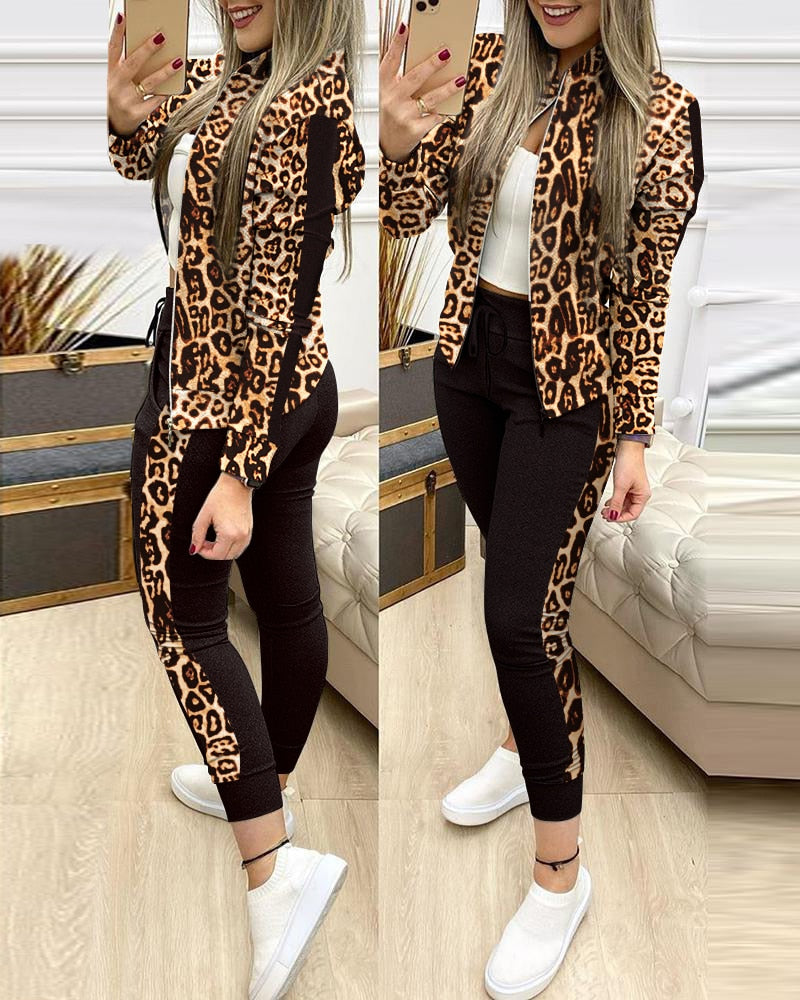 Trend Leopard 2 Two Piece Set Women Outfits Activewear Zipper Top Leggings Women Matching Set Tracksuit Female Outfits for Women - Executive-Skincare