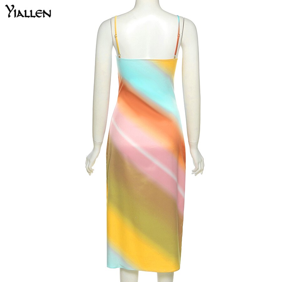 Yiallen New Multicolor Print Midi Dress Women V-Neck Spaghetti Sleeveless Slim Stretch Bodycon Streetwear Party Vacation Dress - Executive-Skincare